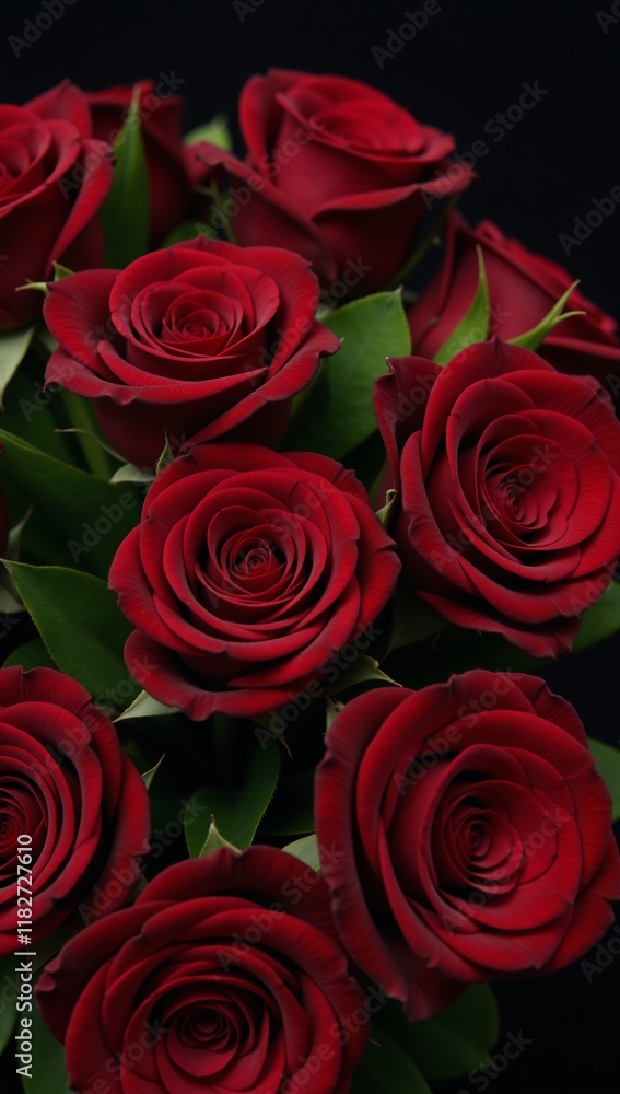 Detailed portrait showcasing close-up of dark red roses with green leaves and black accents Detailed portrait showcasing close-up of dark red roses with green leaves and black accents