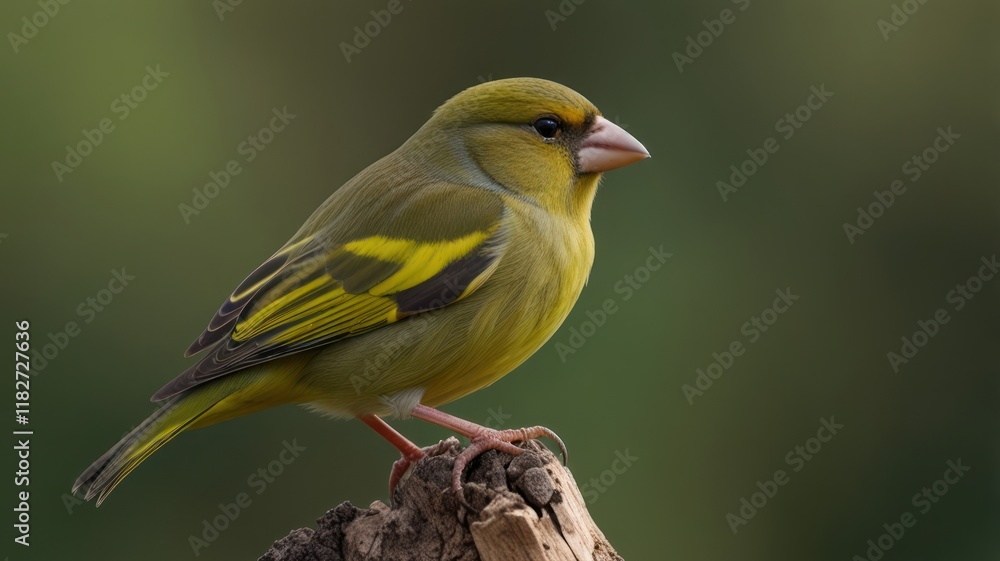 Greenfinch perched on a weathered log against a blurred background. Greenfinch perched on a weathered log against a blurred background.