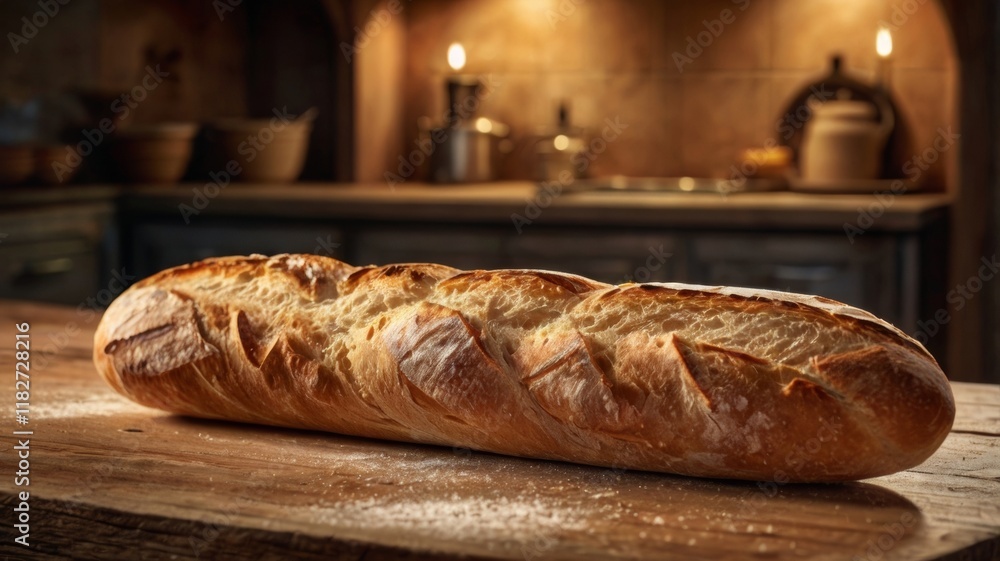 A photorealistic image of a freshly baked baguette resting on a rustic wooden table. The baguette is golden brown with a crispy crust, showcasing its texture and artisanal quality. A photorealistic image of a freshly baked baguette resting on a rustic wooden table. The baguette is golden brown with a crispy crust, showcasing its texture and artisanal quality.