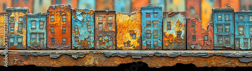 A weathered metal surface with vibrant cracked paint contrasts with the urban backdrop of brownstones and blue buildings
