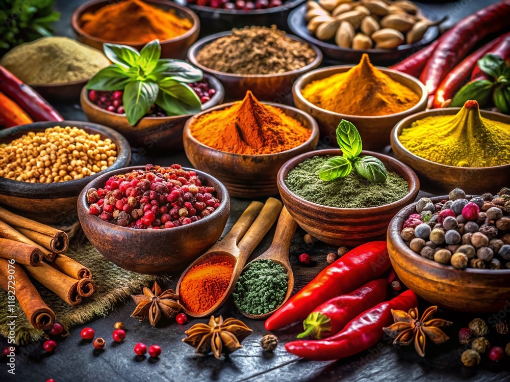 Fototapeta premium Aromatic Spice & Herb Frame on Dark Background - Culinary Stock Photo