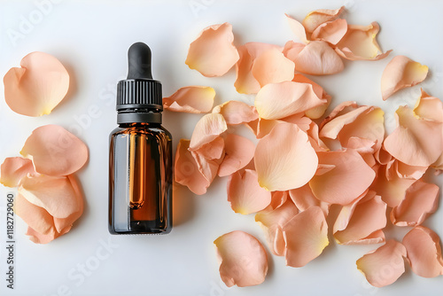 Serum for face with rose petals on the white background. Essential oil with rose aroma fore skin care and spa treatment. Spa procedure and cosmetology concept.  photo