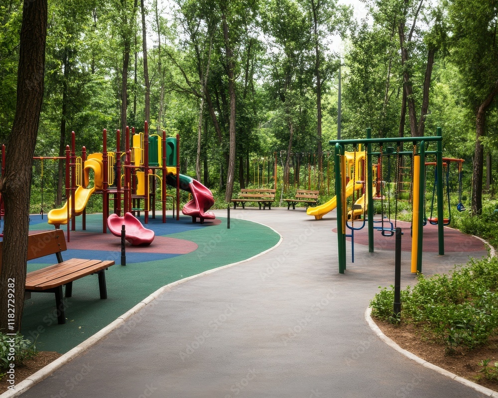 A vibrant playground nestled among lush trees, featuring colorful slides and swings for children's joy and recreation. A vibrant playground nestled among lush trees, featuring colorful slides and swings for children's joy and recreation.