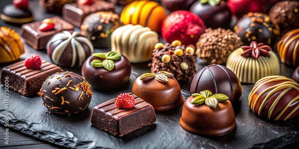 Assorted Gourmet Chocolates on Dark Slate Background - Delicious Candy Selection