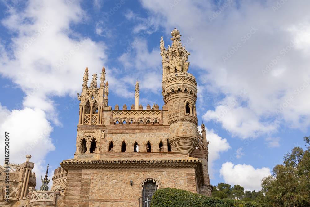 Obraz premium Photo of the town of Torremuelle near Benalmadena in Spain showing the Colomares Castle known locally as Castillo Monumento Colomares on a sunny day