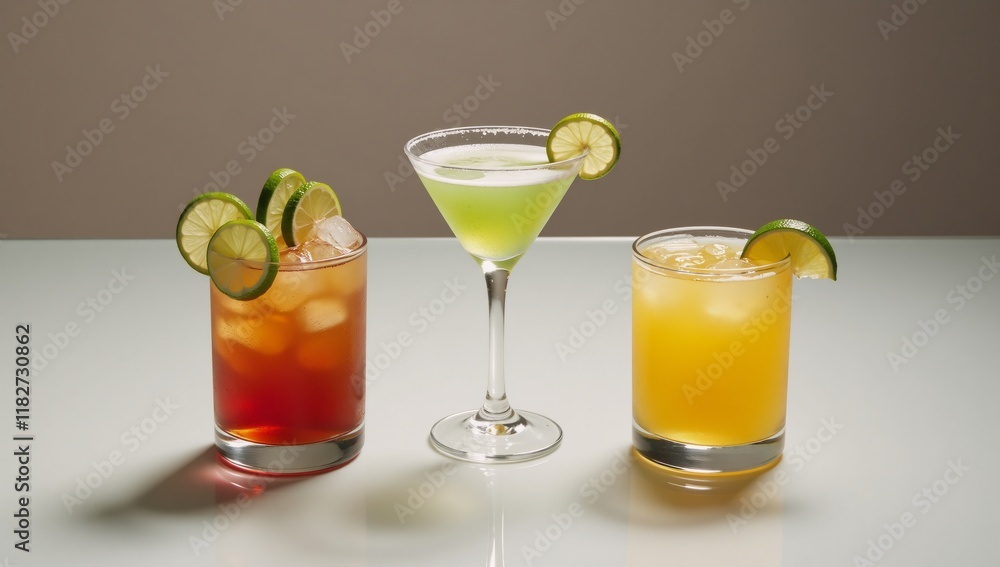 Fototapeta premium Three cocktails with lime wedges salt rims