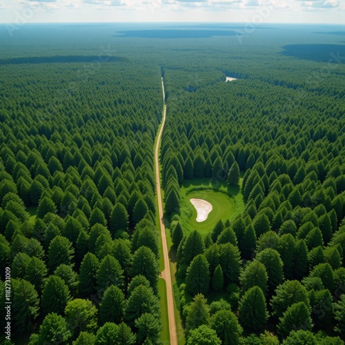 Aeriel oil painting featuring a verdant forest landscape promoting themes of ecosystem protection clean air and sustainable growth photo