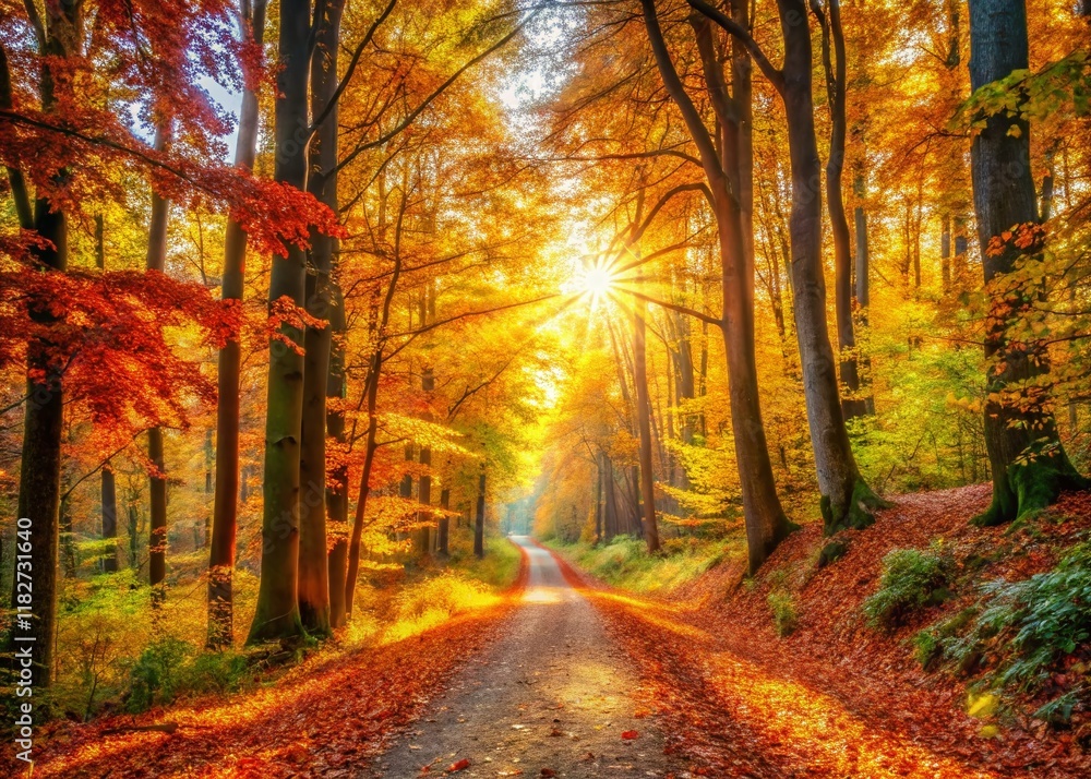 Obraz premium Autumn Forest Path: Golden Sunlight Through Fall Trees - Stock Photo
