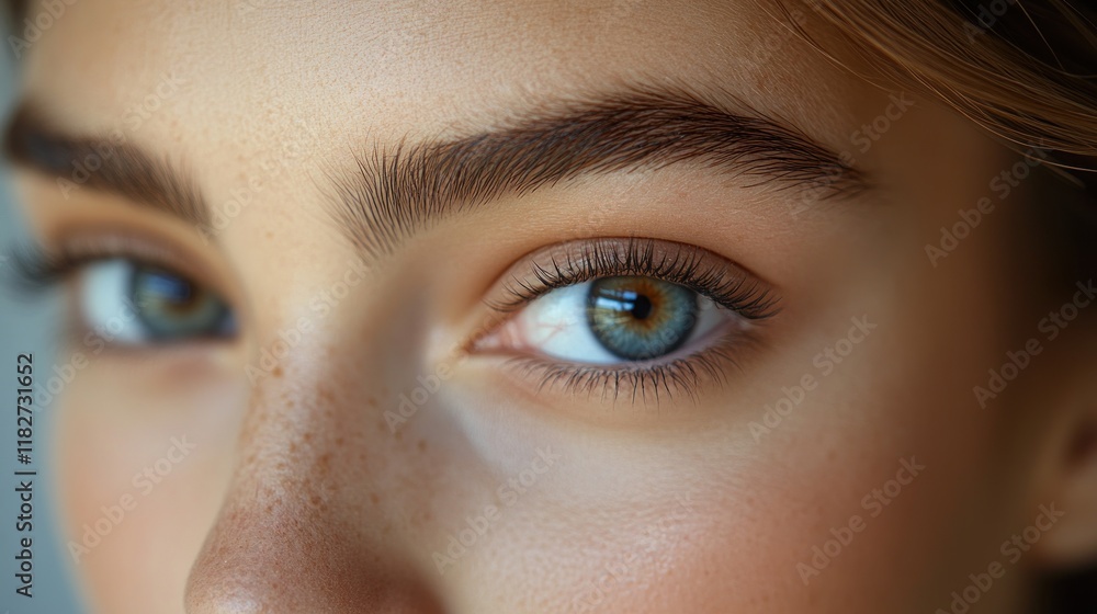 Fototapeta premium Close-up of a young woman's blue eyes and freckles.