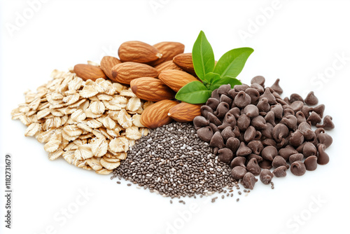 Oats, almonds, chia seeds, and sunflower seeds, white background photo