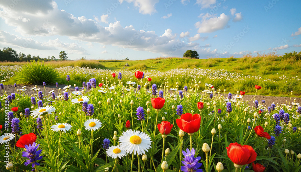 Obraz premium Colorful wildflowers blooming in sunny meadow landscape