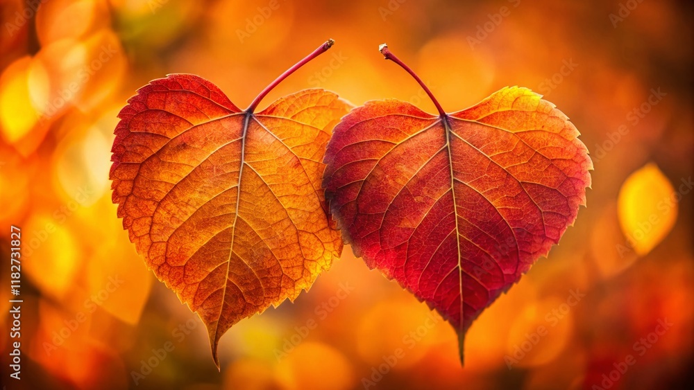Autumn Heart: Two Colorful Leaves in Romantic Shape, Fall Foliage Background Autumn Heart: Two Colorful Leaves in Romantic Shape, Fall Foliage Background