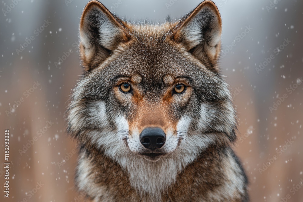 Close-up Image of a Majestic Wolf in the Wild Captured During a Gentle Snowfall, Showcasing Its Intense Gaze and Distinctive Fur Pattern in an Untamed Natural Habitat Close-up Image of a Majestic Wolf in the Wild Captured During a Gentle Snowfall, Showcasing Its Intense Gaze and Distinctive Fur Pattern in an Untamed Natural Habitat