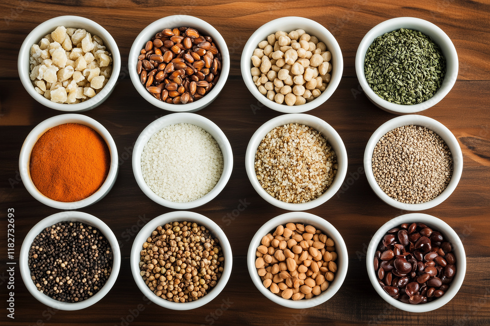 Hormone-balancing food, white background Hormone-balancing food, white background