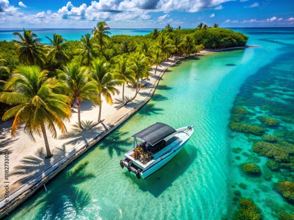 Obraz premium Bahamas Aerial: Luxury Pontoon Boat near Palm Trees, Turquoise Water