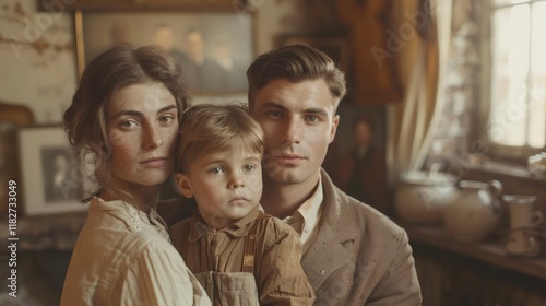 Family portrait posing in vintage home interior