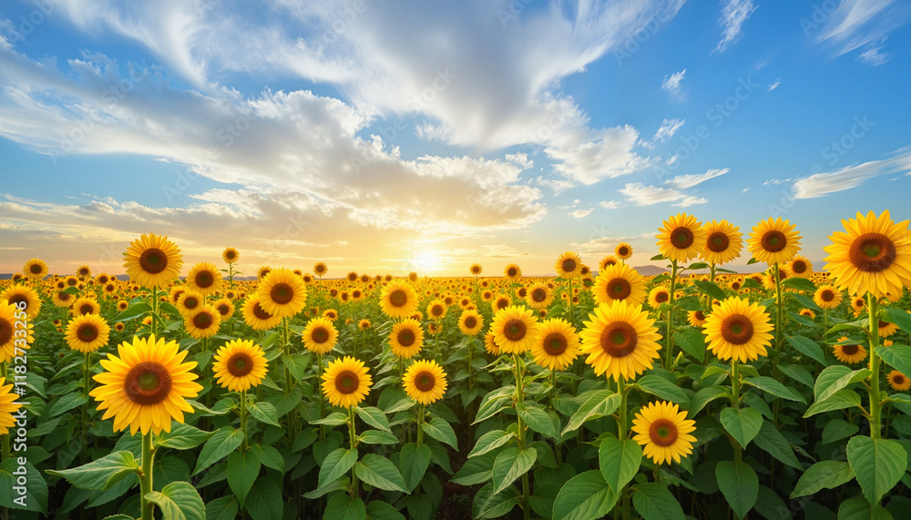 Fototapeta premium Sunflower field at sunset with dramatic sky