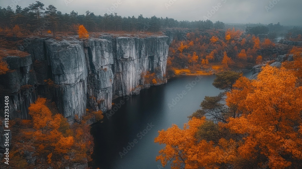 Fototapeta premium Autumnal quarry lake, misty forest backdrop, scenic view