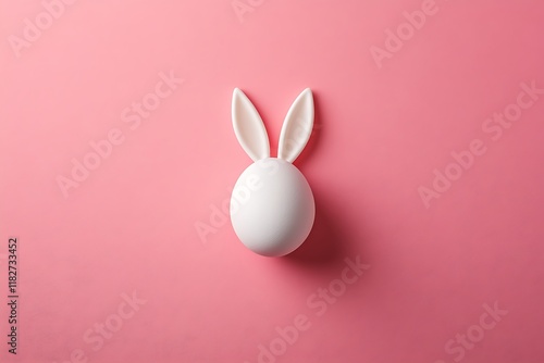 white mockup egg with bunny rabbit ears isolated on pink background, Easter spring holiday concept, minimalist style, top view, flat lay, copy space, blank template egg for design