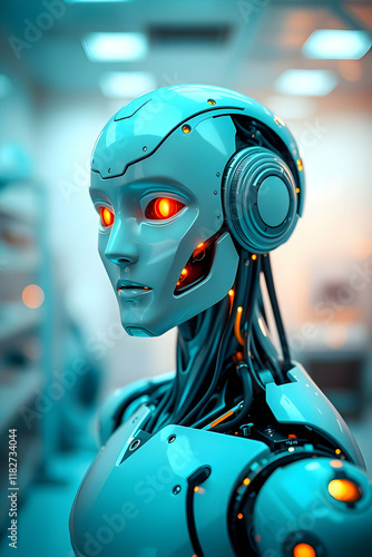 Close-up of a humanoid robot's face, showcasing intricate electronic circuits, sensors, and glowing components, symbolizing advancements in robotics and artificial intelligence photo