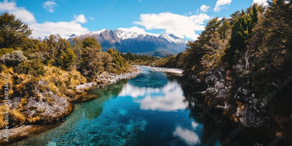 Fototapeta premium Breathtaking River Meandering through Lush Green Valley with Majestic Mountain Peaks Rising in the Background Capturing Tranquil Natural Beauty