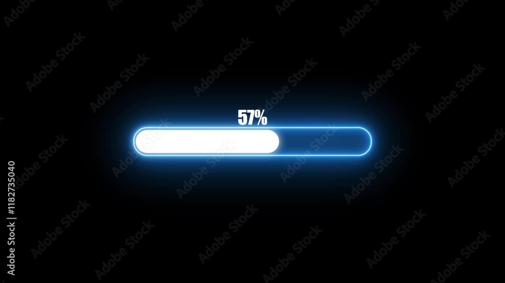 Glowing neon blue loading bar with percentage counting from 0 to 100 on black background, showcasing futuristic progress.