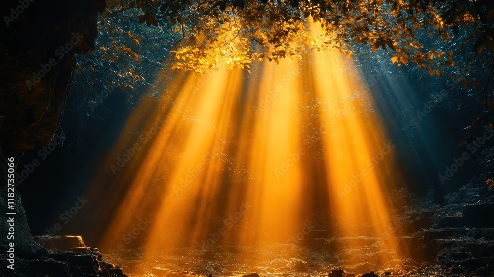 Fototapeta premium Cave sunlight beams, forest backdrop, mystical scene, fantasy art