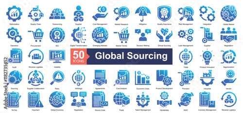 Global Sourcing Icon Collection Set.Containing optimization, supply chain, outsourcing, supplier, cost management, market research, mitigation icon. Simple glyph gradient style Vector Illustration.