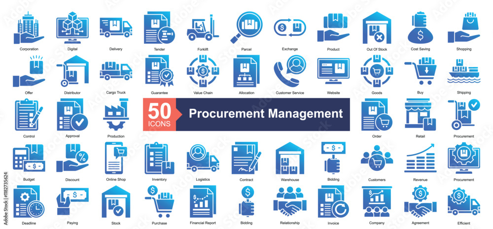 Obraz premium Procurement Management Icon Collection Set.Containing product, shopping, distributor, guarantee, value chain icon. Simple glyph gradient style Vector Illustration. 