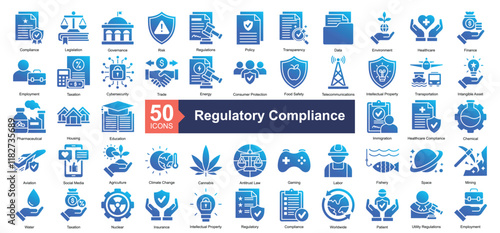Regulatory Compliance Icon Collection Set.Containing compliance, legislation, governance, risk, policy icon. Simple glyph gradient style Vector Illustration.	