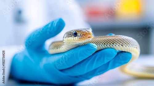 Researcher handling snake laboratory wildlife study controlled environment close-up serpent conservation