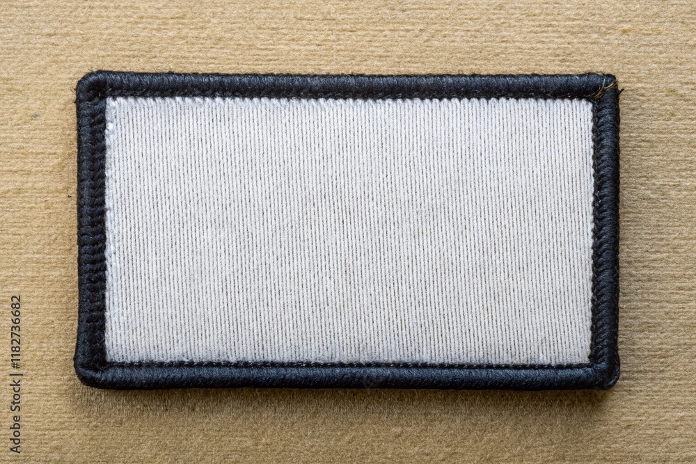 Fototapeta premium Blank Black & White Rectangle Embroidered Patch Mockup: Top View, Left Composition with Copy Space
