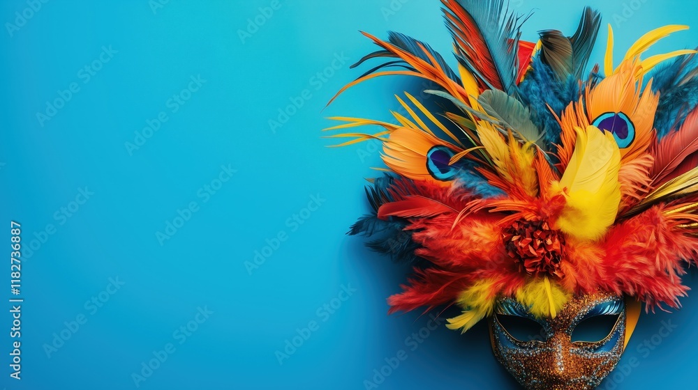Fototapeta premium A dazzling carnival mask embellished with bold, radiant feathers is set against a dynamic yet subtle backdrop, offering copy space for creative use in showcasing the Rio de Janeiro Carnival spirit.