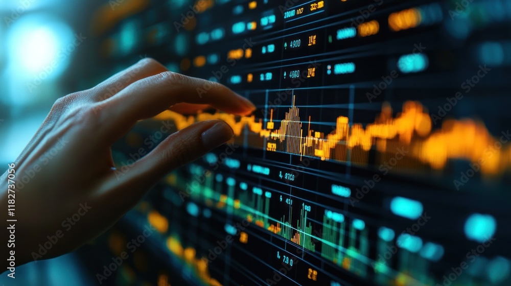 A hand interacts with a digital stock market display featuring fluctuating graphs and data. A hand interacts with a digital stock market display featuring fluctuating graphs and data.