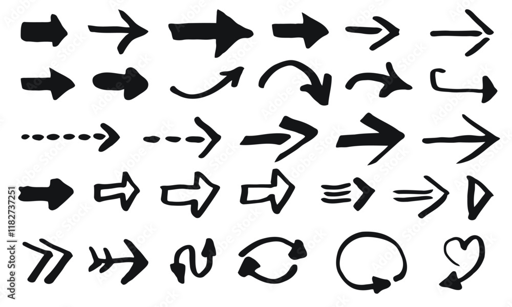 Naklejka premium Collection of thirty arrows of different kinds and shapes, basic handdrawn full style, black ink, isolated. 