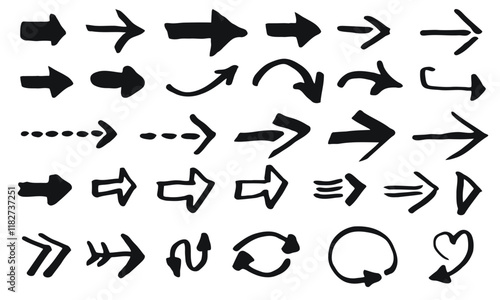 Collection of thirty arrows of different kinds and shapes, basic handdrawn full style, black ink, isolated.

