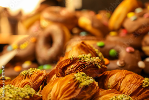 There is a fair in a town square in Italy selling Italian baked goods. photo