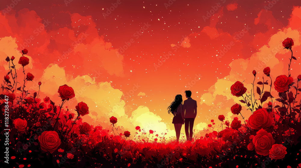 Fototapeta premium Romantic Couple Silhouetted Against a Sunset Over a Rose Garden