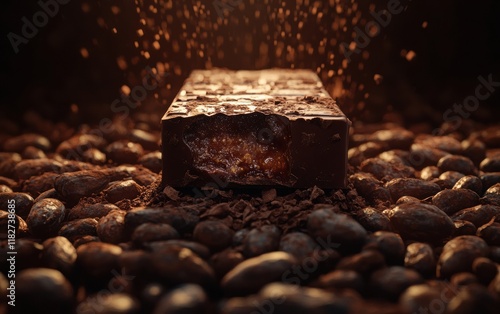 Brand product promo for a chocolate bar, with the bar broken in half, showing the interior, surrounded by cocoa beans.  photo