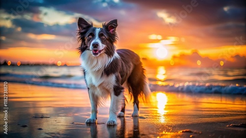 Border Collie Beach Dusk, Bokeh Seashore Dog Photo photo