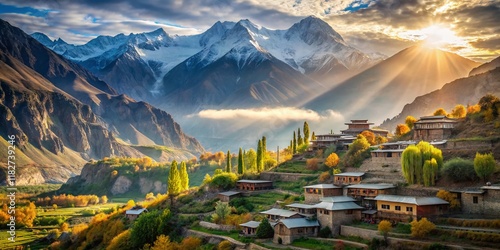 Breathtaking Double Exposure: Hunza Valley Panorama from Karimabad, Pakistan photo