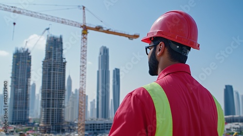 Construction worker overseeing skyscraper development in dubai urban environment aerial perspective industrial insight