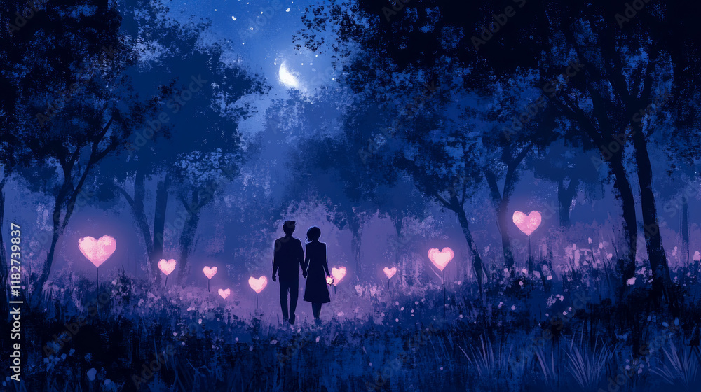 Fototapeta premium Romantic Couple Strolling Through an Enchanted Forest at Night