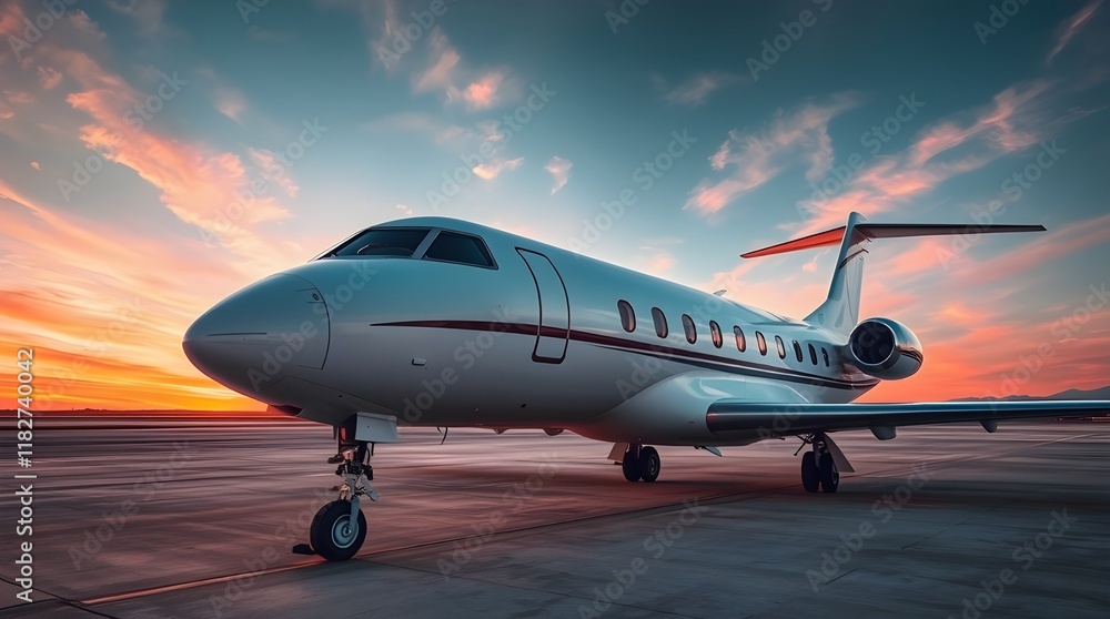 Obraz premium A private jet, white, flies above clouds against a warm autumn sky, orange and pink hues, evoking a charming, cozy feeling, the style is adorable and cute with earthy tones