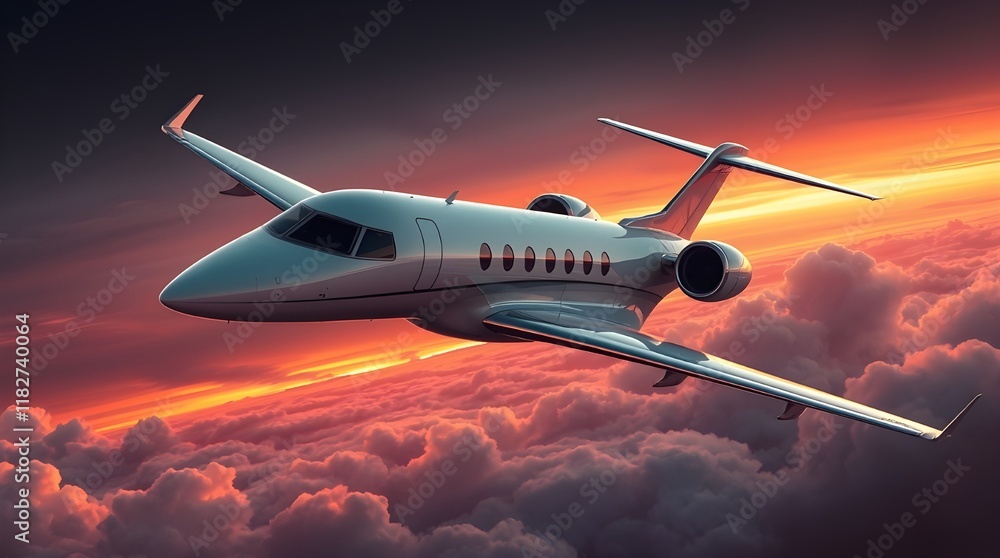 Obraz premium A private jet, white, flies above clouds against a warm autumn sky, orange and pink hues, evoking a charming, cozy feeling, the style is adorable and cute with earthy tones