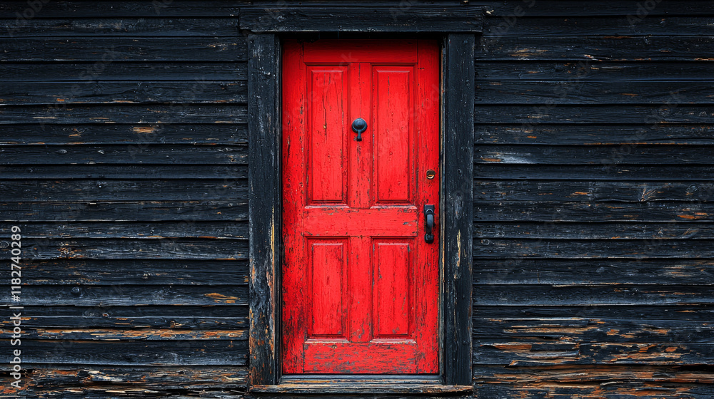 Red door on weathered, dark wood siding. Red door on weathered, dark wood siding.