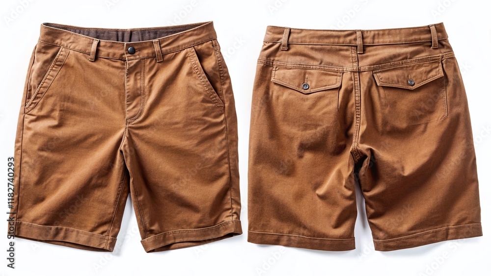 Brown Casual Shorts Mockup: Front & Back View Isolated on White Background for Branding Brown Casual Shorts Mockup: Front & Back View Isolated on White Background for Branding