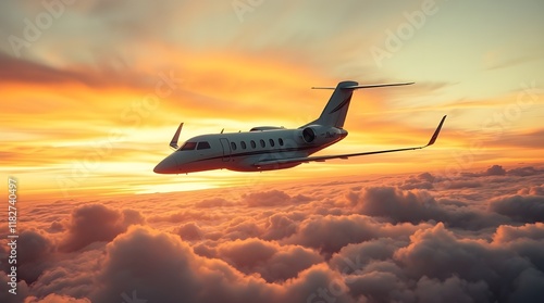 A private jet, white, flies above clouds against a warm autumn sky, orange and pink hues, evoking a charming, cozy feeling, the style is adorable and cute with earthy tones