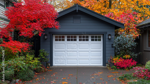 Autumnal garage scene: Dark gray detached garage with white door, framed by vibrant red and gold foliage.