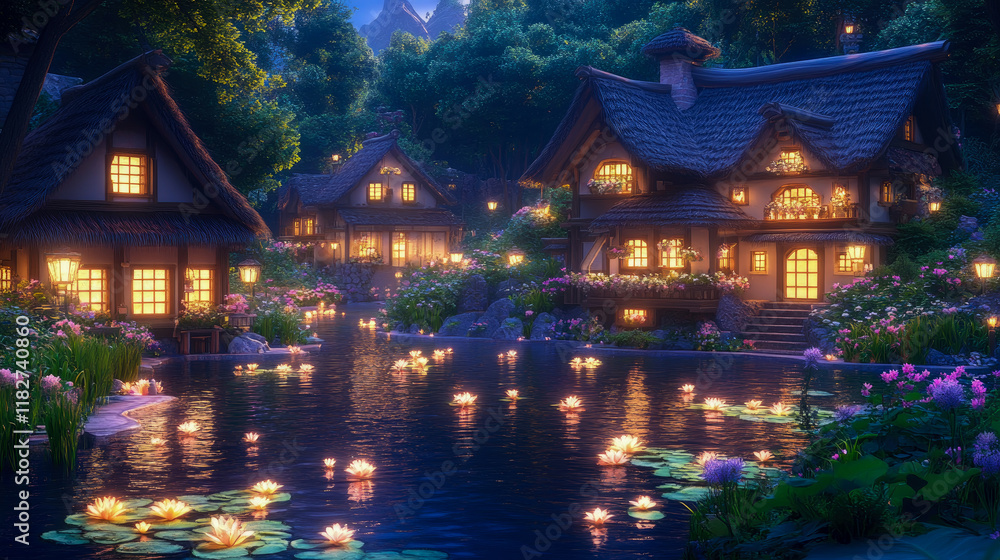 Fototapeta premium Enchanted Lakeside Village at Twilight: A Digital Painting of Cozy Cottages Illuminated by Warm Lights and Surrounded by Lush Greenery and a Serene Pond